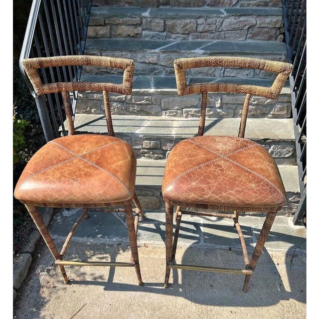 Elevate Your Home Bar or Kitchen Island With This Stunning Pair of Maitland-Smith Campaign-Style Bar Stools. For Sale In Raleigh - Image 6 of 11