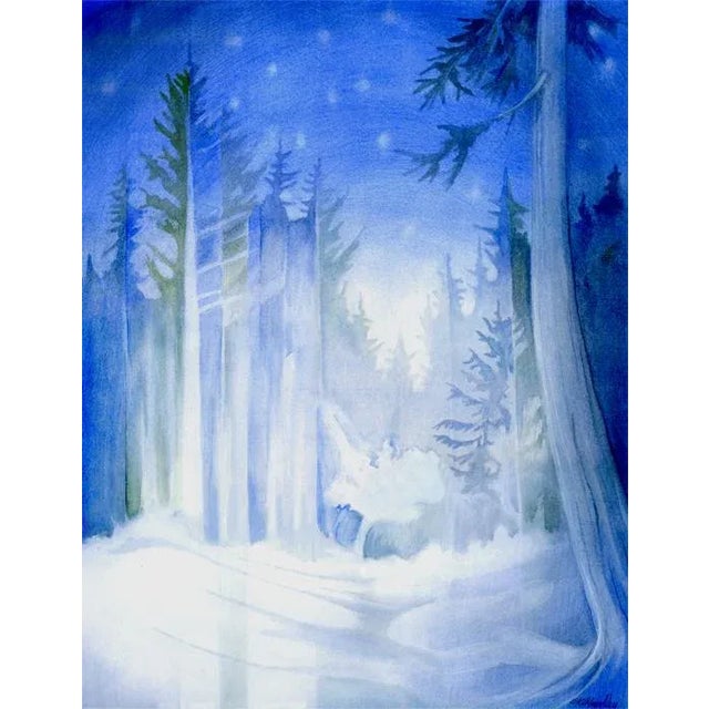 Blue and White, Original Watercolor Landscape Painting, Moon Lit Night by Kathleen Ney For Sale