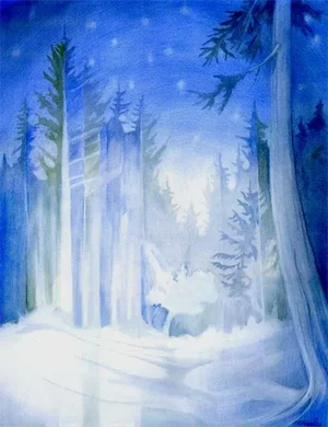 Blue and White, Original Watercolor Landscape Painting, Moon Lit Night by Kathleen Ney