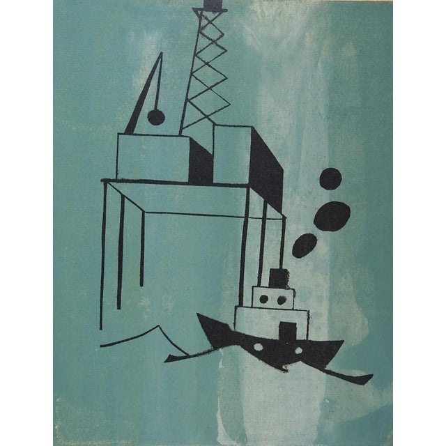 Industrial Vintage Mid Century Industrial Ship & Offshore Oil Drilling Rig Scene Serigraph For Sale - Image 3 of 3