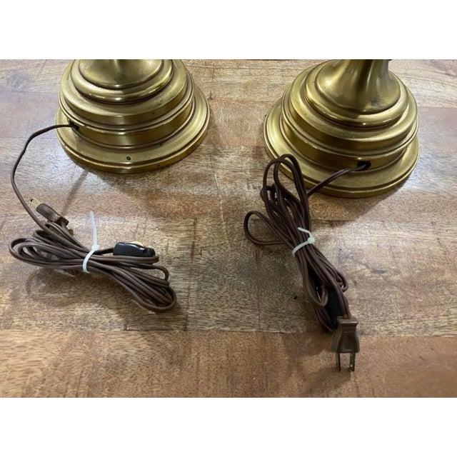 Metal Vintage Stiffel Creamy White Ceramic and Brass Plume Buffet or Table Lamps, a Pair For Sale - Image 7 of 12