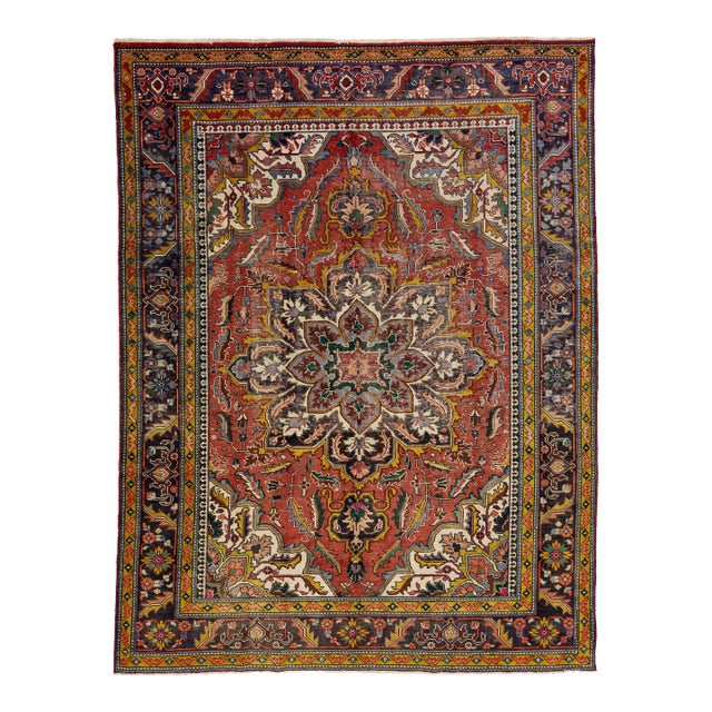 1960s Vintage Persian Heriz Navy Blue Handmade All-Over Medallion Wool Rug For Sale