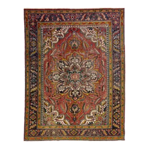 1960s Vintage Persian Heriz Navy Blue Handmade All-Over Medallion Wool Rug