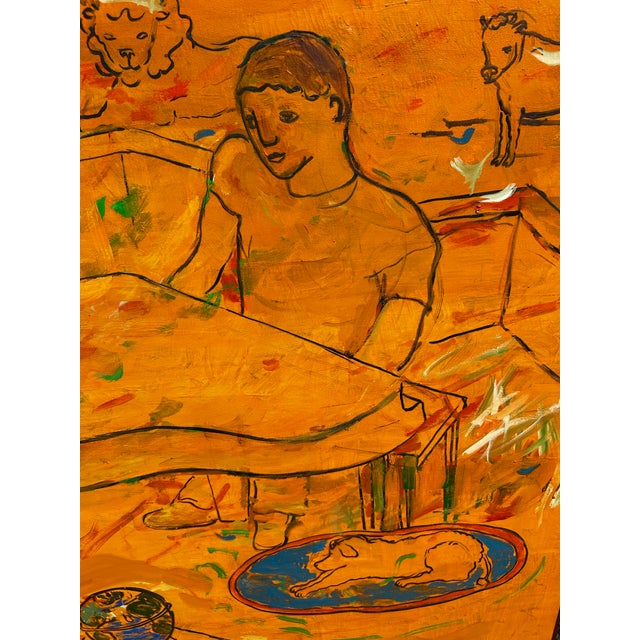 1990s Vintage Orange Abstract Large Oil Painting on Canvas With Figure and Cow For Sale - Image 5 of 8