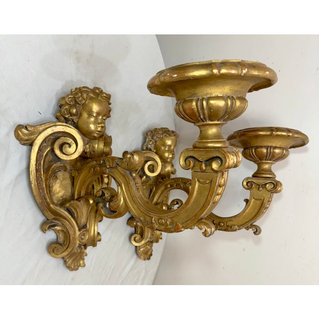 19th Century Large Antique Ornate Carved Italian Gilt Wood Cherub Wall Sconce Fixtures - a Pair For Sale - Image 5 of 18