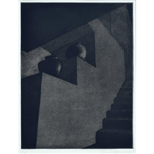 This etching is a study in light and shadow of Taos pueblo pots (Georgia O'Keefe's Adobe staircase) by Santa Cruz,...