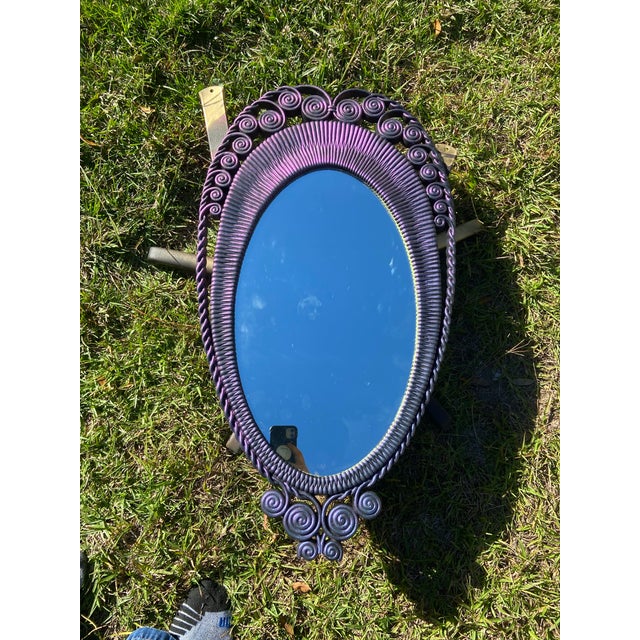 Hollywood Regency Vintage Faux Wicker Rattan Homco Bathroom Vanity Wall Hanging Mirror, Colorshifting Purple Oval Mirror For Sale - Image 3 of 7