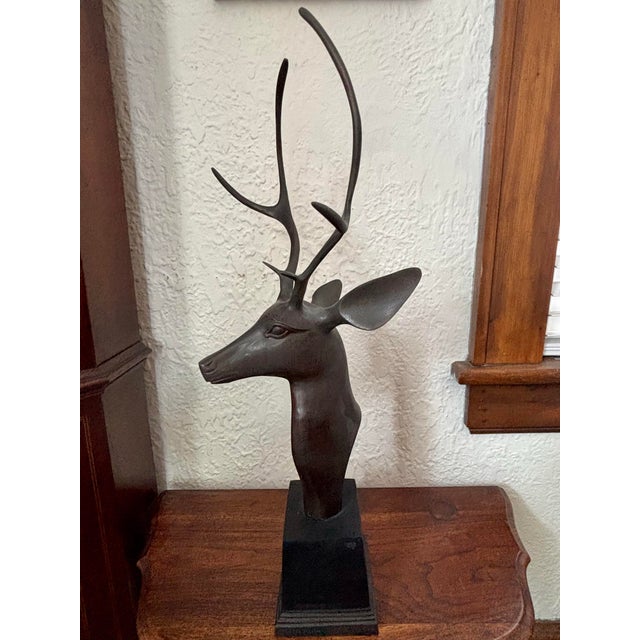 Vintage Bronze Stylized Deer Bust Statue For Sale - Image 4 of 10