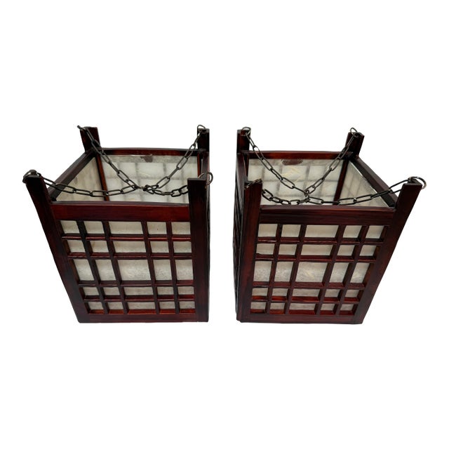 Late 20th Century Japanese Rosewood Candle Lanterns, Pair For Sale