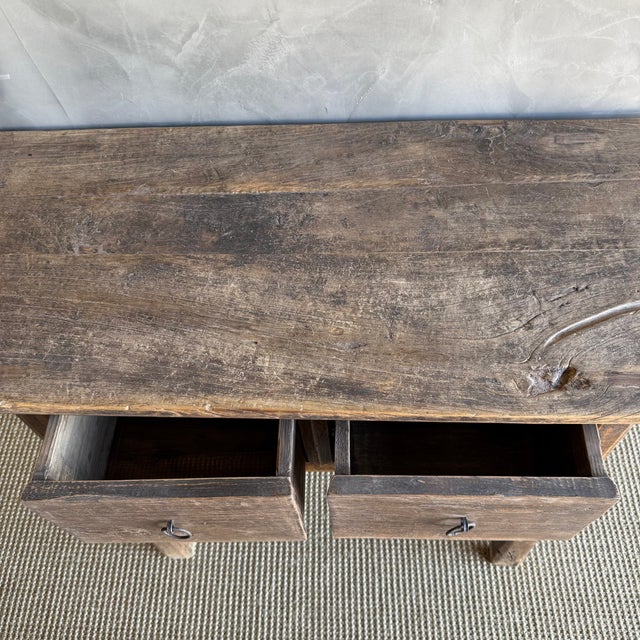 Vintage Elm Wood Console Natural Finish With 2 Drawers For Sale In Los Angeles - Image 6 of 13