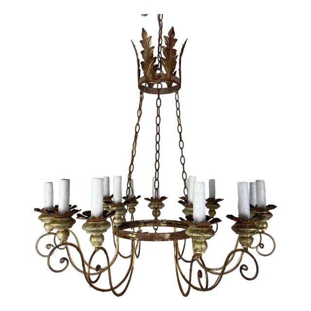 Fifteen-Light Italianate Gilt Iron Chandelier For Sale
