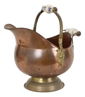 Antique Copper Helmet-Shaped Coal Scuttle with Lion Heads and Delft Ceramic Details
