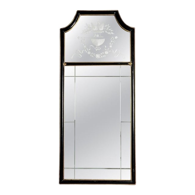 Queen Anne Style Mirror, Etched and Beveled in Ebonized Parcel Gilt Frame, 1940s For Sale