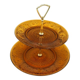 1960s Indiana Sandwich Glass Tiara Amber 2-Tier Plate Serving Tray For Sale