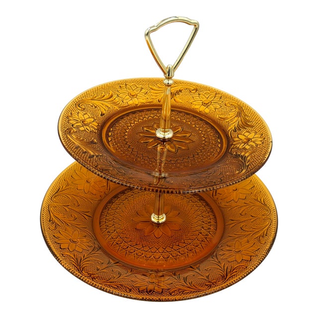 1960s Indiana Sandwich Glass Tiara Amber 2-Tier Plate Serving Tray For Sale