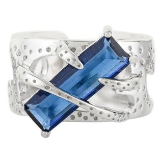 Sterling Silver Blue Baguette Statement Ring - Art Nouveau Inspired Size 7.5 For Sale