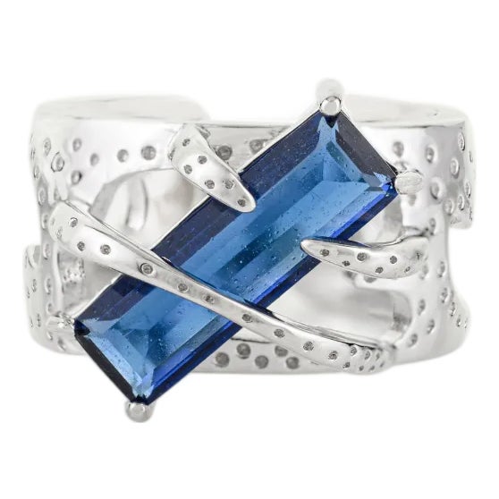 Sterling Silver Blue Baguette Statement Ring - Art Nouveau Inspired Size 7.5 For Sale