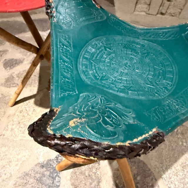 Mid-Century Modern Pair of Vintage Mexican Hand-Tooled Leather Tripod Folding Stools MCM For Sale - Image 3 of 14