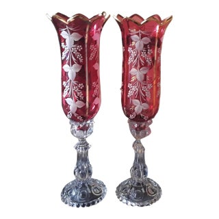 1950s Vintage French Baccarat Red Hand Painted Crystal With Clear Medallion Series Based Candle Holders- a Pair For Sale