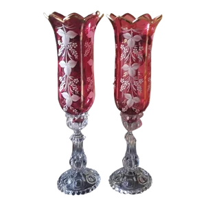 1950s Vintage French Baccarat Red Hand Painted Crystal With Clear Medallion Series Based Candle Holders- a Pair