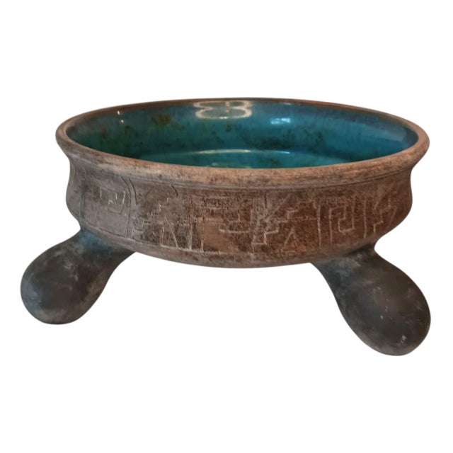 Vintage Mexico Pottery Footed Pedestal Bowl Planter Blue Green Gray Brown Mayan Aztec Design Blue green glazed interior...