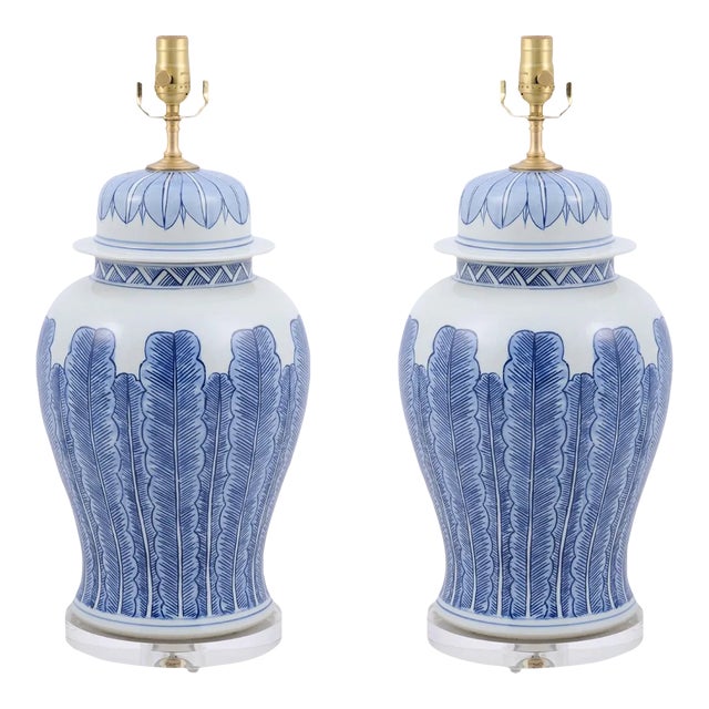 Pair of Contemporary Custom Made Banana Leaf Lamps With Custom Finials For Sale