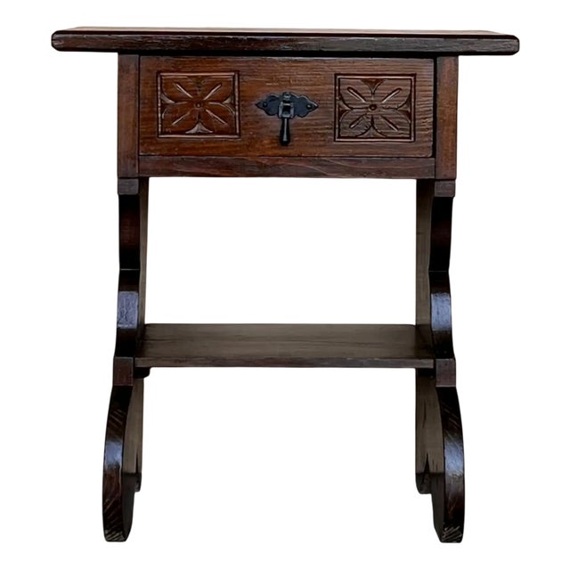 Antique Spanish Nightstands with Carved Drawer and Low Shelve, 1900, Set of 2 For Sale