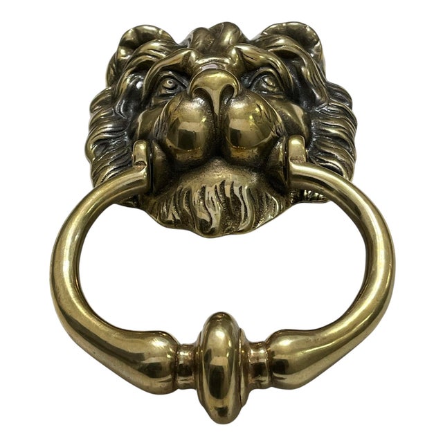 English Antique English Brass Lion Head Door Knocker For Sale - Image 3 of 11