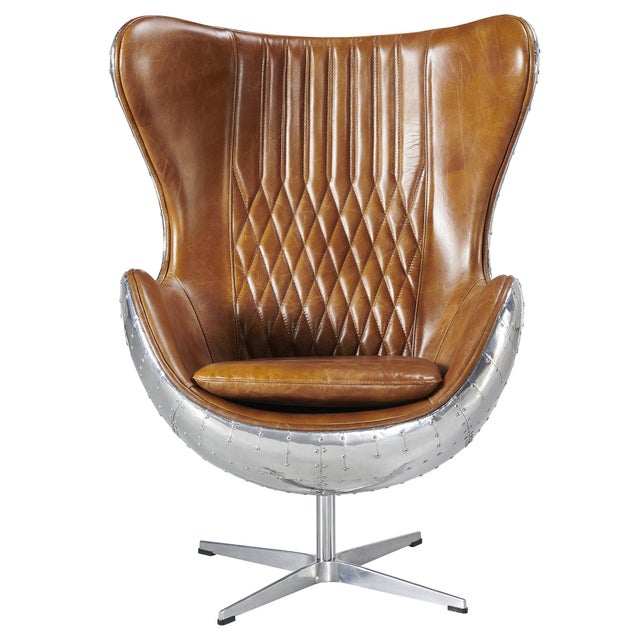 Cruz Modern Egg Chair - Brown Leather and Metal Spitfire Shell For Sale - Image 4 of 8