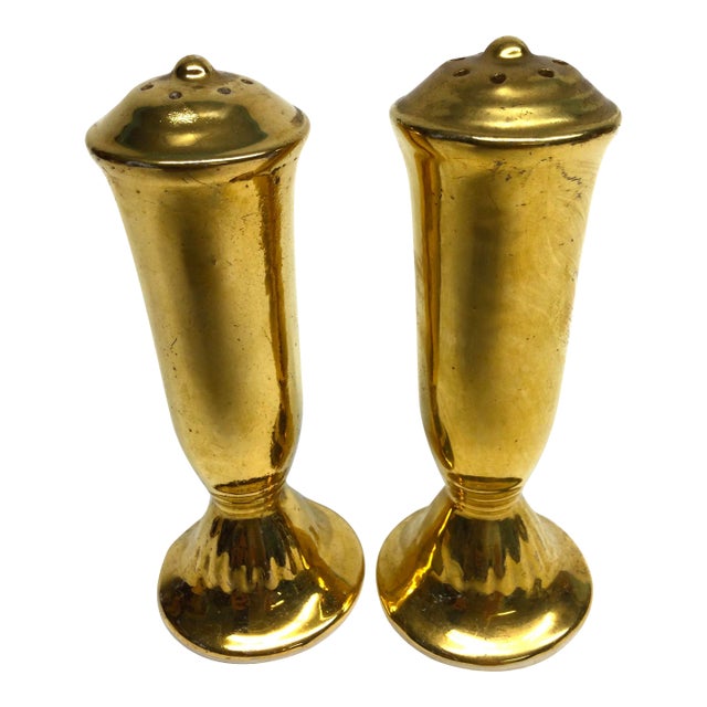 Mid Century Gold Ceramic Salt and Pepper Shaker Set For Sale