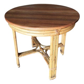 Restored Mid-Century X-Pattern Round Costal Rattan End Table W/ Mahogany Top For Sale