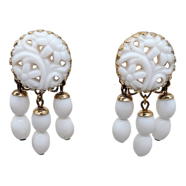 Vintage 1960s Signed Napier Goldtone Carved White Faux-Jade Top With Beaded Dangles Clip Earrings-2 Pieces For Sale