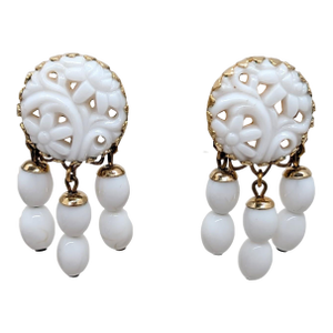 Vintage 1960s Signed Napier Goldtone Carved White Faux-Jade Top With Beaded Dangles Clip Earrings-2 Pieces