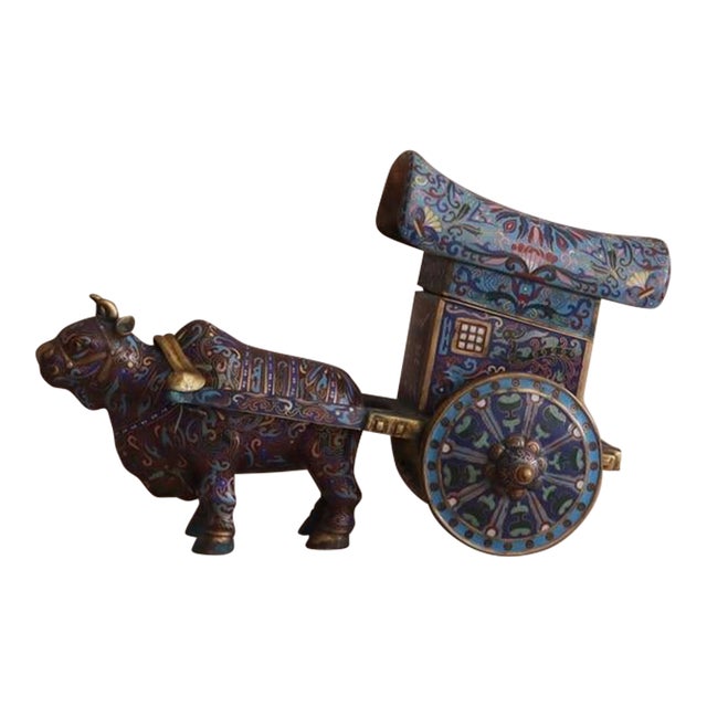 Early 1900s Antique Cloisonné Ox Pulling Cart For Sale