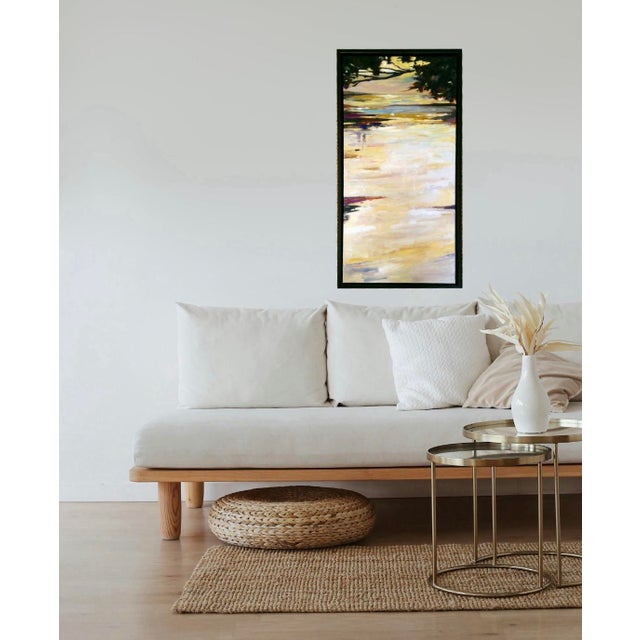"Water Journey" is an abstract landscape painted in oils on canvas. Framed in a modern espresso brown floater frame. This...
