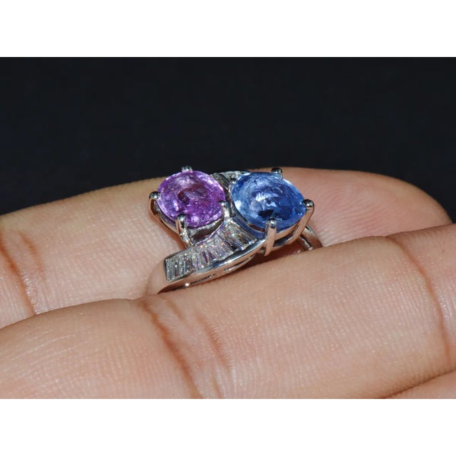 Early 21st Century GIA Natural 6.24CTS VS F Diamond Blue And Pink Sapphire Platinum Bypass Ring Band, size 6.75 For Sale - Image 5 of 13