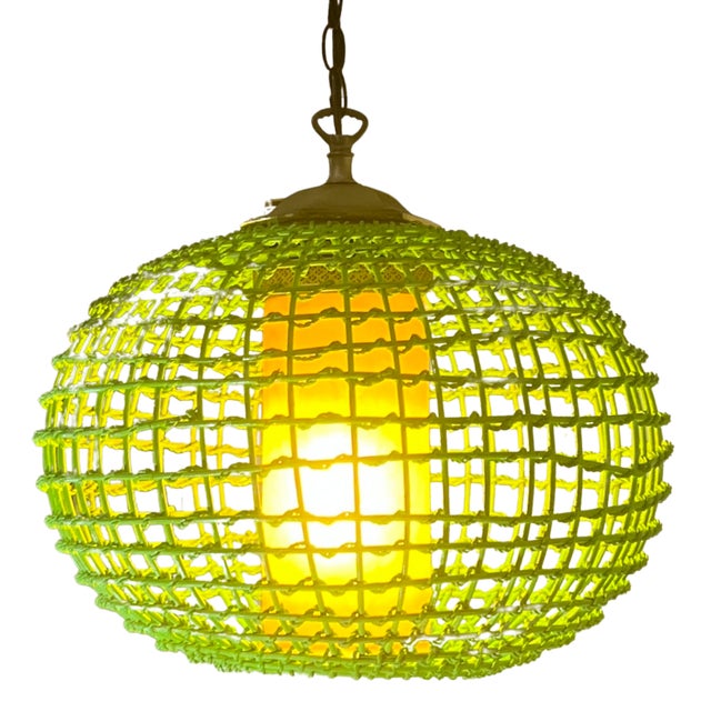 Vintage Rattan Green Globe Oange Glass Shade Pendant Light For Sale - Image 17 of 18