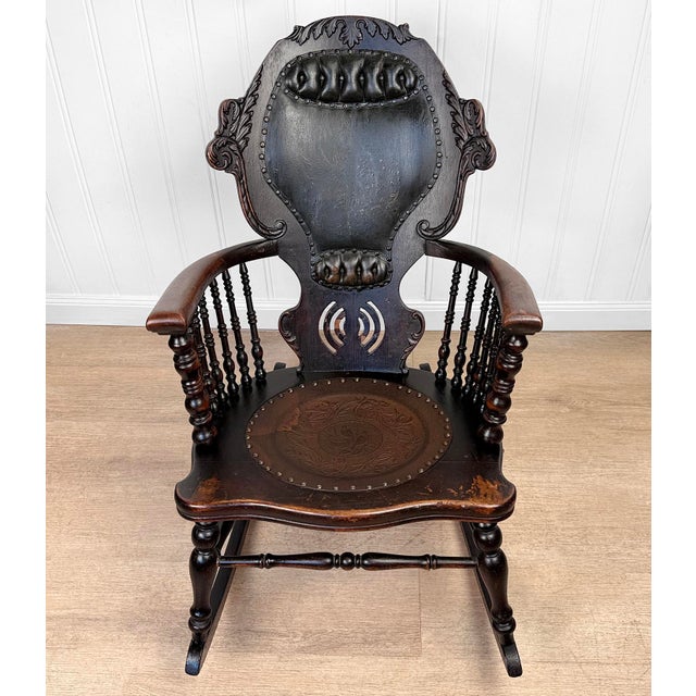 Victorian Antique Victorian Carved Oak & Leather Tufted Rocking Chair For Sale - Image 3 of 15