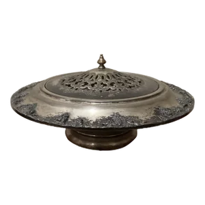 Antique Halloware Silver-Plated on Copper Ornate Pierced Lid Footed Flower Arranger /Centerpiece Bowl