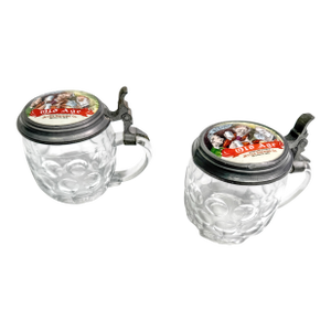 Antique Pre-Prohibition Jetter Brewing Co Old Age Glass Lidded Beer Steins, South Omaha Nebraska Brewery Advertising c.1902–1914 - Set of 2