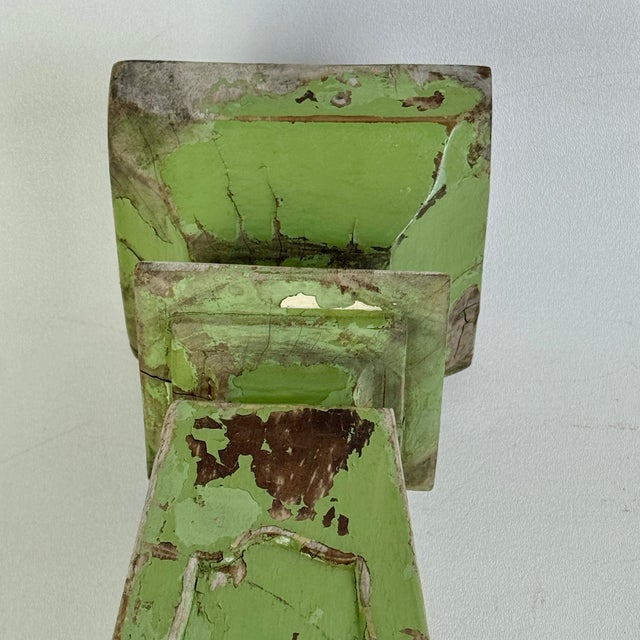 Wood Architectural Salvaged Pedestal/Plant Stand C. 1900 in Stunning Pistachio Green & Recessed Panes For Sale - Image 7 of 10