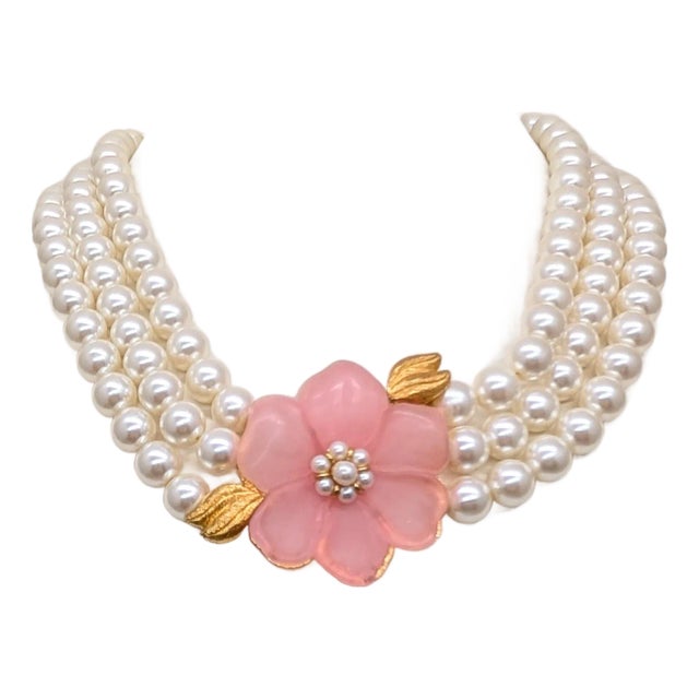 Vintage 1980s Signed Napier 3-Strand Beaded Faux-Pearl Pink Flower Necklace For Sale