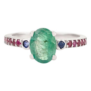 925 Sterling Silver 8x6mm Oval Emerald & Sapphire Minimalist Ring With Ruby - Size 7 For Sale