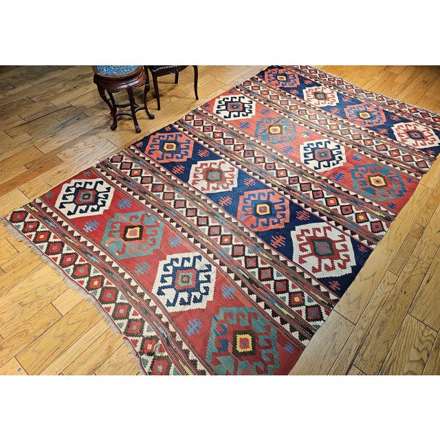 Textile 19th Century Caucasian Kazak Kilim, Geometric Pattern, Wool Flatweave, Blue & Green, 7' X 12' For Sale - Image 7 of 18