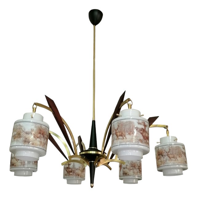 Suspension Chandelier with Opaline Glass Diffusers attributed to Stilnovo, 1950s For Sale