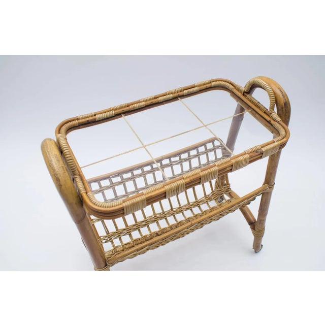 Wood Italian Bamboo and Rattan Bar Cart Serving Trolley, 1950s For Sale - Image 7 of 14