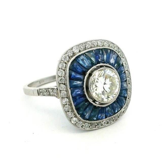 Art Deco Platinum 1 Carat Diamond Calibré Sapphire Target Ring, Size 6.75 For Sale - Image 13 of 14