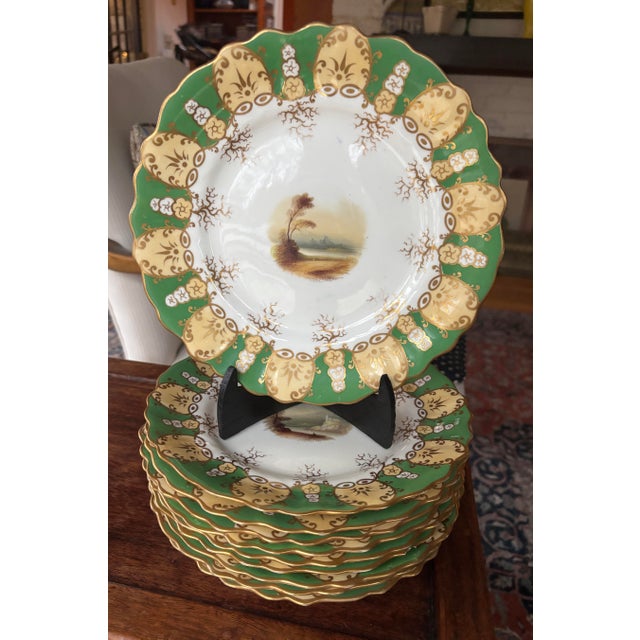Green Antique Green & Gilt Porcelain Plates Scenic Victorian C 1900 Gold Scalloped - Set of 10 For Sale - Image 8 of 12