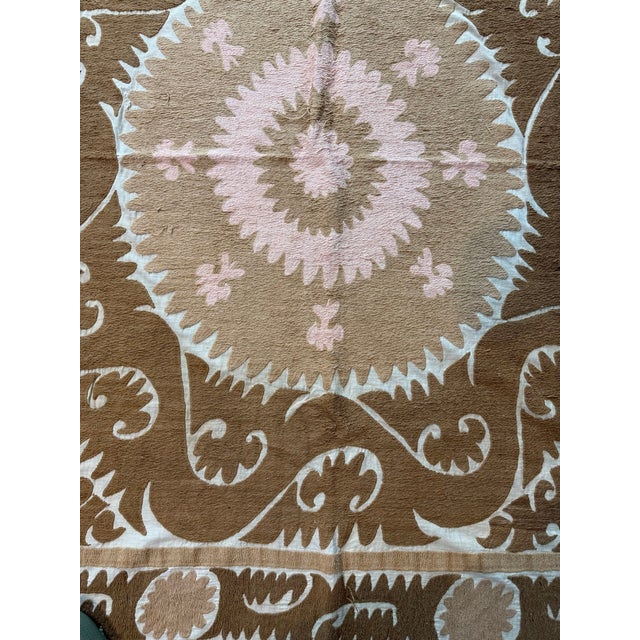 Beige Beige Brown Cotton Suzani Square With Pink Medallion For Sale - Image 8 of 10