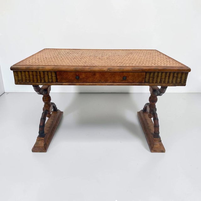 1970s Woven Rattan Victorian Style Faux Bamboo Desk For Sale In Miami - Image 6 of 10